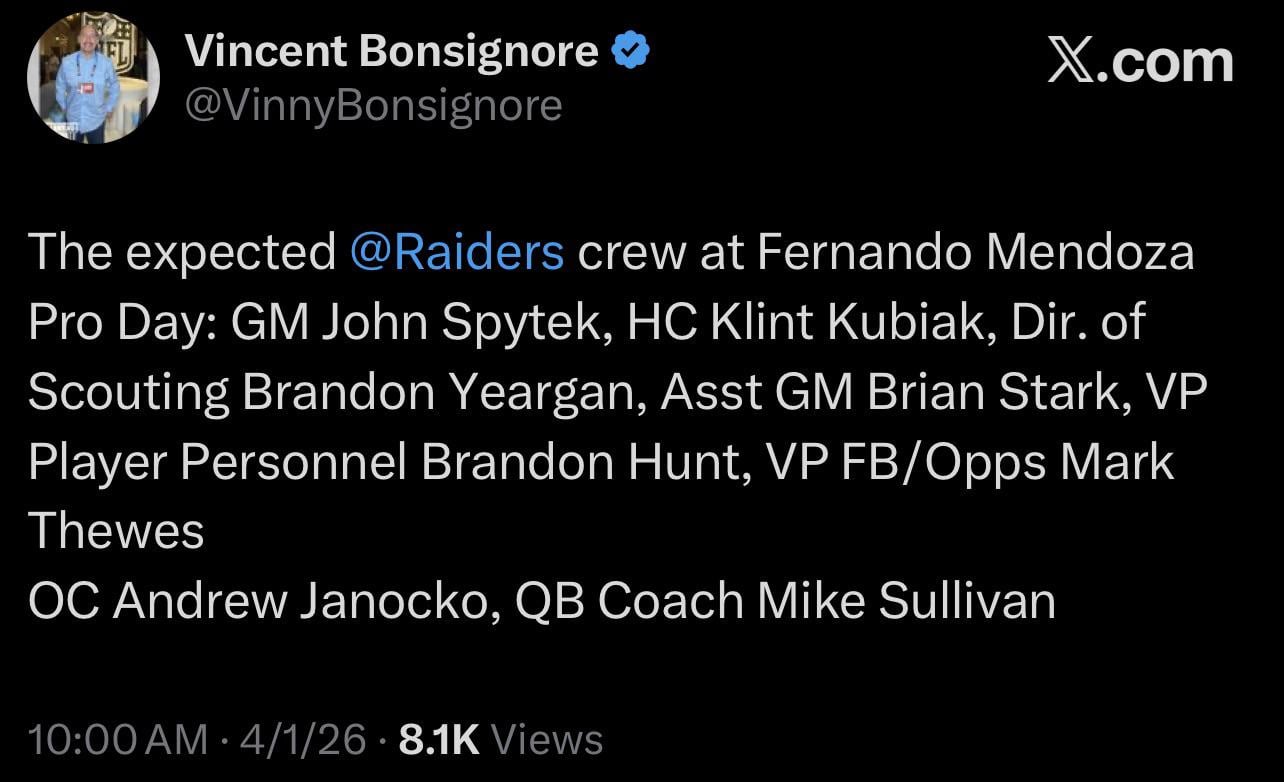 [Vincent Bonsignore] The expected @Raiders crew at Fernando Mendoza Pro Day: GM John Spytek, HC Klint Kubiak, Dir. of Scouting Brandon Yeargan, Asst GM Brian Stark, VP Player Personnel Brandon Hunt, VP FB/Opps Mark Thewes OC Andrew Janocko, QB Coach Mike Sullivan