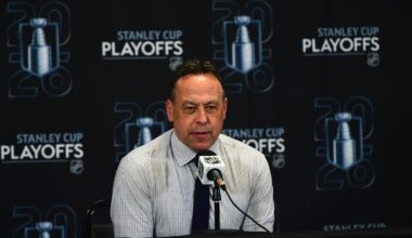 Apr 26, 2026; Boston, Massachusetts, USA; Boston Bruins head coach Marco Sturm talks to the media after losing to the Buffalo Sabres in game four of the first round of the 2026 Stanley Cup Playoffs at TD Garden. Mandatory Credit: Bob DeChiara-Imagn Images