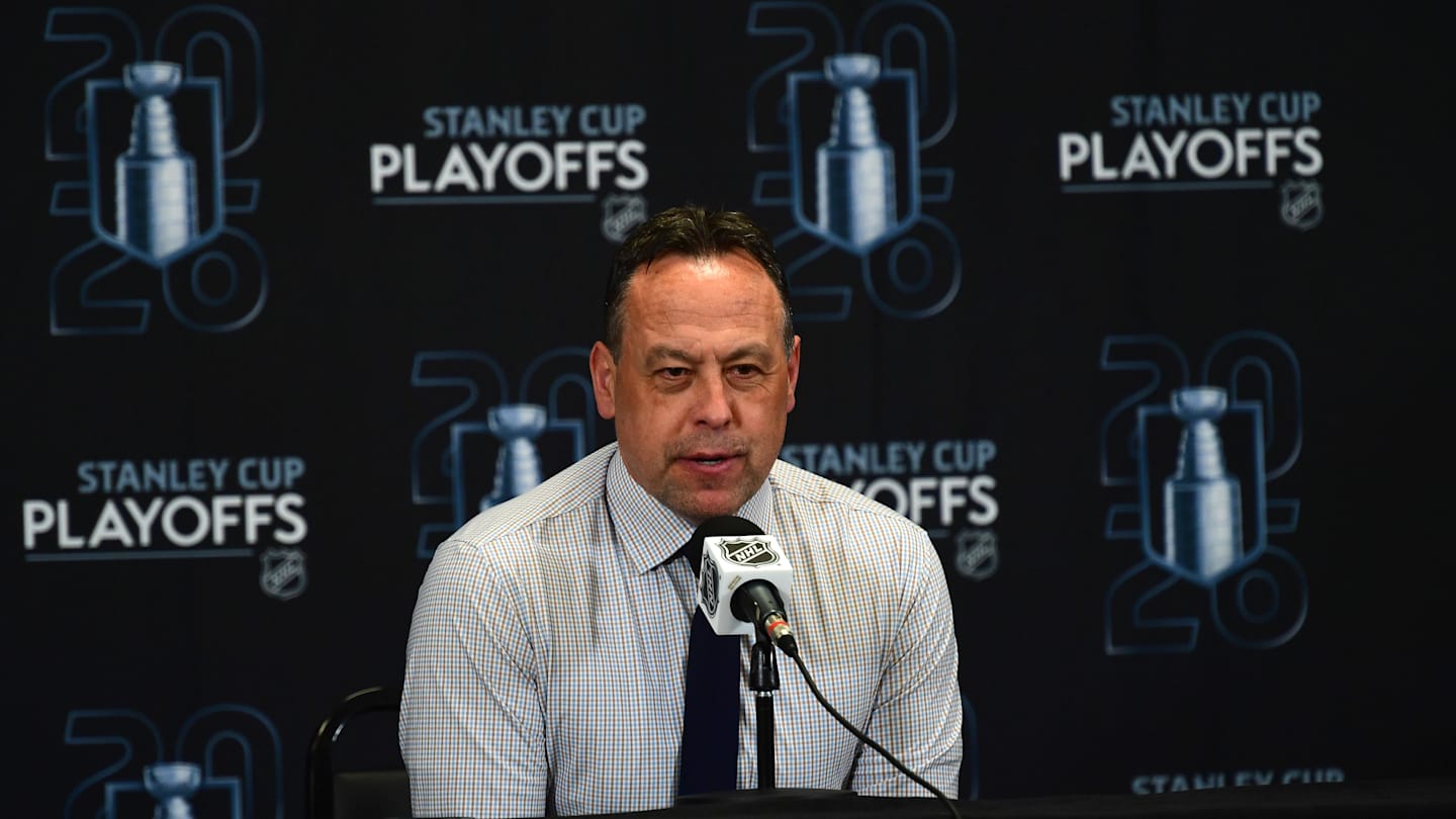 Apr 26, 2026; Boston, Massachusetts, USA; Boston Bruins head coach Marco Sturm talks to the media after losing to the Buffalo Sabres in game four of the first round of the 2026 Stanley Cup Playoffs at TD Garden. Mandatory Credit: Bob DeChiara-Imagn Images