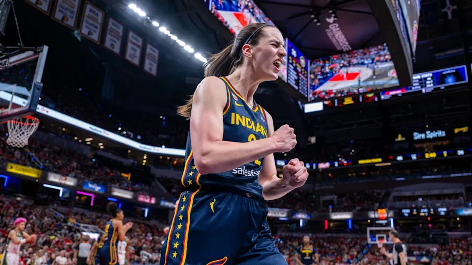 Indiana Fever guard Caitlin Clark reacts after getting fouled during game versus <a class="link " href="https://sports.yahoo.com/wnba/teams/seattle/" data-i13n="sec:content-canvas;subsec:anchor_text;elm:context_link" data-ylk="slk:Seattle;sec:content-canvas;subsec:anchor_text;elm:context_link;itc:0" data-yga="{"yLinkElement":"context_link","yModuleName":"content-canvas","yLinkText":"Seattle","ySubModuleName":"anchor_text","yHasCommerce":false}">Seattle</a> Storm.Doug McSchooler&sol;Special to IndyStar &sol; USA TODAY NETWORK via Imagn Images