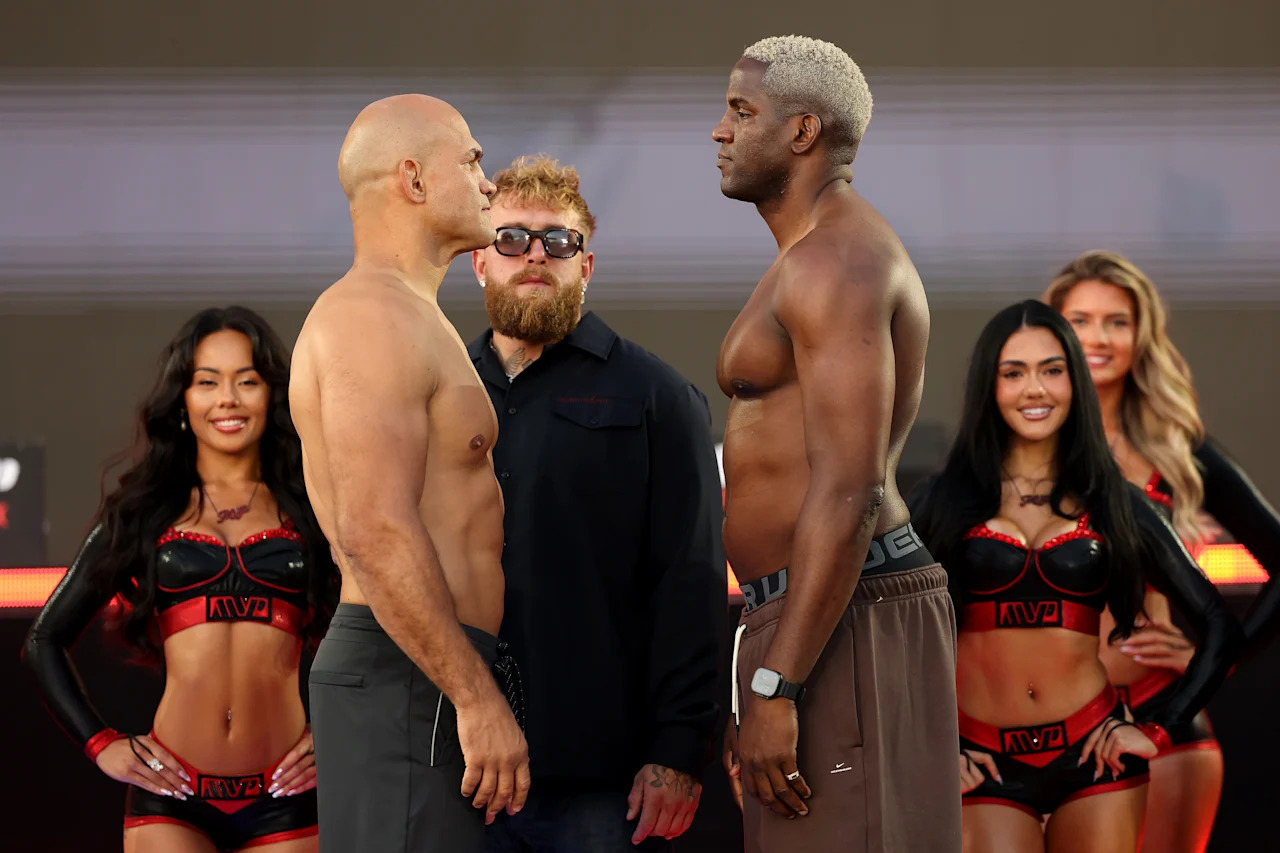 INGLEWOOD, CALIFORNIA - MAY 15: Junior dos Santos faces off against Robelis Despaigne during the Weigh-In for Netflix's Ronda Rousey vs. Gina Carano at Intuit Dome on May 15, 2026 in Inglewood, California. (Photo by Sarah Stier/Getty Images for Netflix)