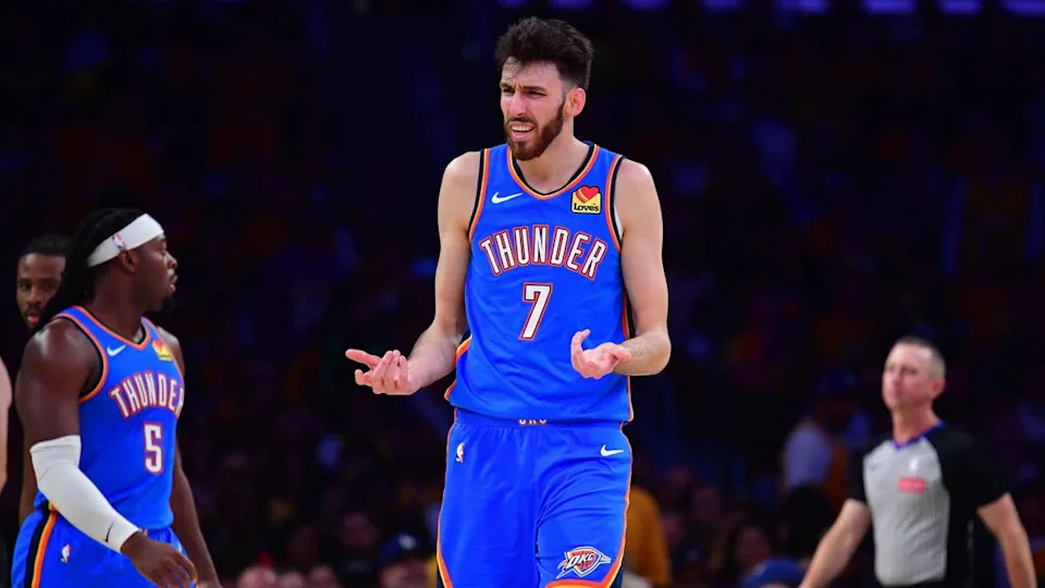 Oklahoma City Thunder center Chet Holmgren (7) reacts after being called for a foul.Gary A. Vasquez-Imagn Images