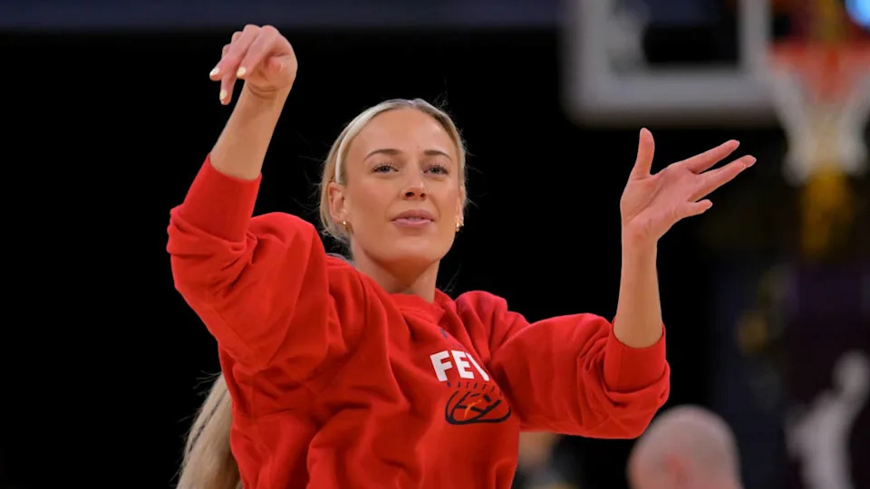 May 13, 2026; Los Angeles, California, USA; Indiana Fever guard Sophie Cunningham (8) warms up prior to the game against the Los Angeles Sparks at Crypto.com Arena. Mandatory Credit: Jayne Kamin-Oncea-Imagn Images© Jayne Kamin-Oncea-Imagn Images&period;