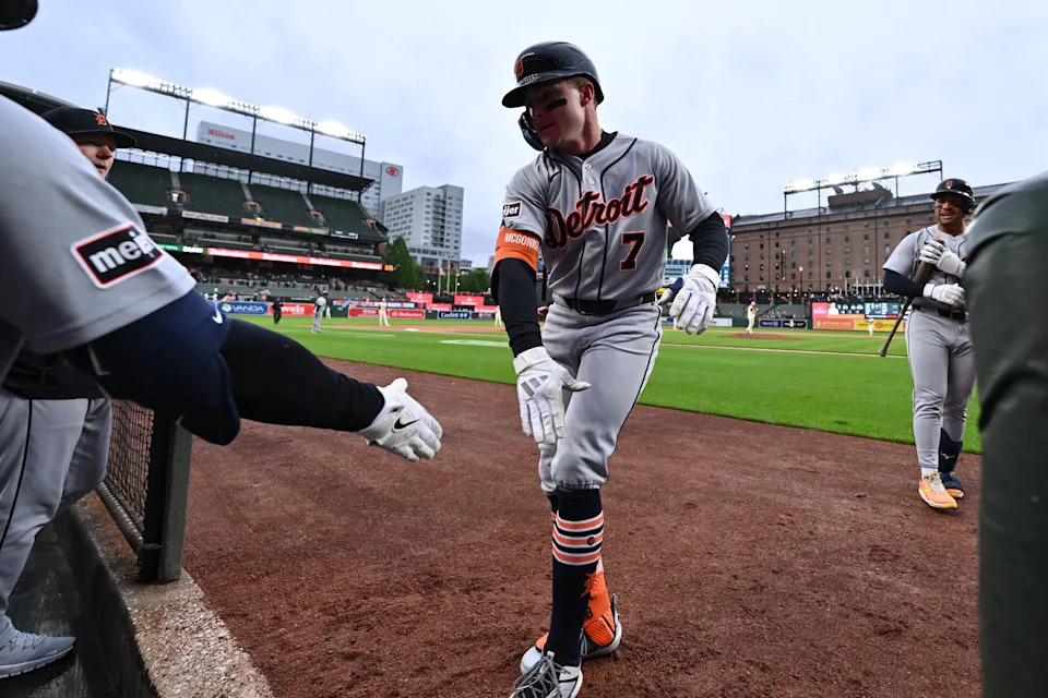 Detroit Tigers infielder Kevin McGonigle (7) is congratulated at the dugout after hitting a lead off home run in the first inning against the Baltimore Orioles at Oriole Park at Camden Yards in Baltimore on Friday, May 22, 2026.