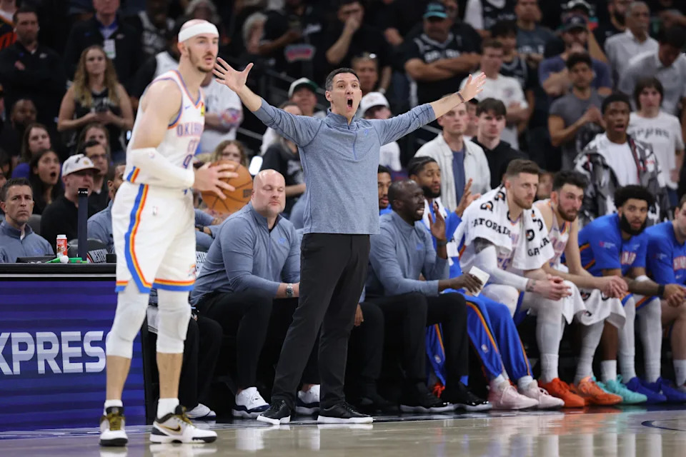 SAN ANTONIO, TEXAS - MAY 28: Mark Daigneault of the Oklahoma City Thunder reacts during the second quarter against the San Antonio Spurs in Game Six of the NBA Western Conference Finals at Frost Bank Center on May 28, 2026 in San Antonio, Texas.
