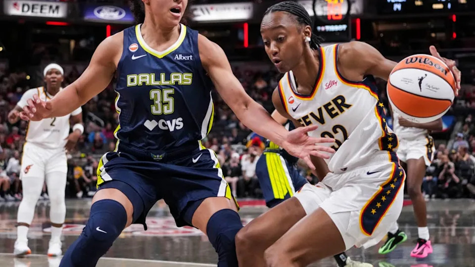 Dallas Wings guard Azzi Fudd (35) guards <a class="link " href="https://sports.yahoo.com/wnba/teams/indiana/" data-i13n="sec:content-canvas;subsec:anchor_text;elm:context_link" data-ylk="slk:Indiana Fever;sec:content-canvas;subsec:anchor_text;elm:context_link;itc:0" data-yga="{"yLinkElement":"context_link","yModuleName":"content-canvas","yLinkText":"Indiana Fever","ySubModuleName":"anchor_text","yHasCommerce":false}">Indiana Fever</a> guard <a class="link " href="https://sports.yahoo.com/wnba/players/5775/" data-i13n="sec:content-canvas;subsec:anchor_text;elm:context_link" data-ylk="slk:Shatori Walker-Kimbrough;sec:content-canvas;subsec:anchor_text;elm:context_link;itc:0" data-yga="{"yLinkElement":"context_link","yModuleName":"content-canvas","yLinkText":"Shatori Walker-Kimbrough","ySubModuleName":"anchor_text","yHasCommerce":false}">Shatori Walker-Kimbrough</a> (32).Grace Smith/IndyStar / USA TODAY NETWORK via Imagn Images