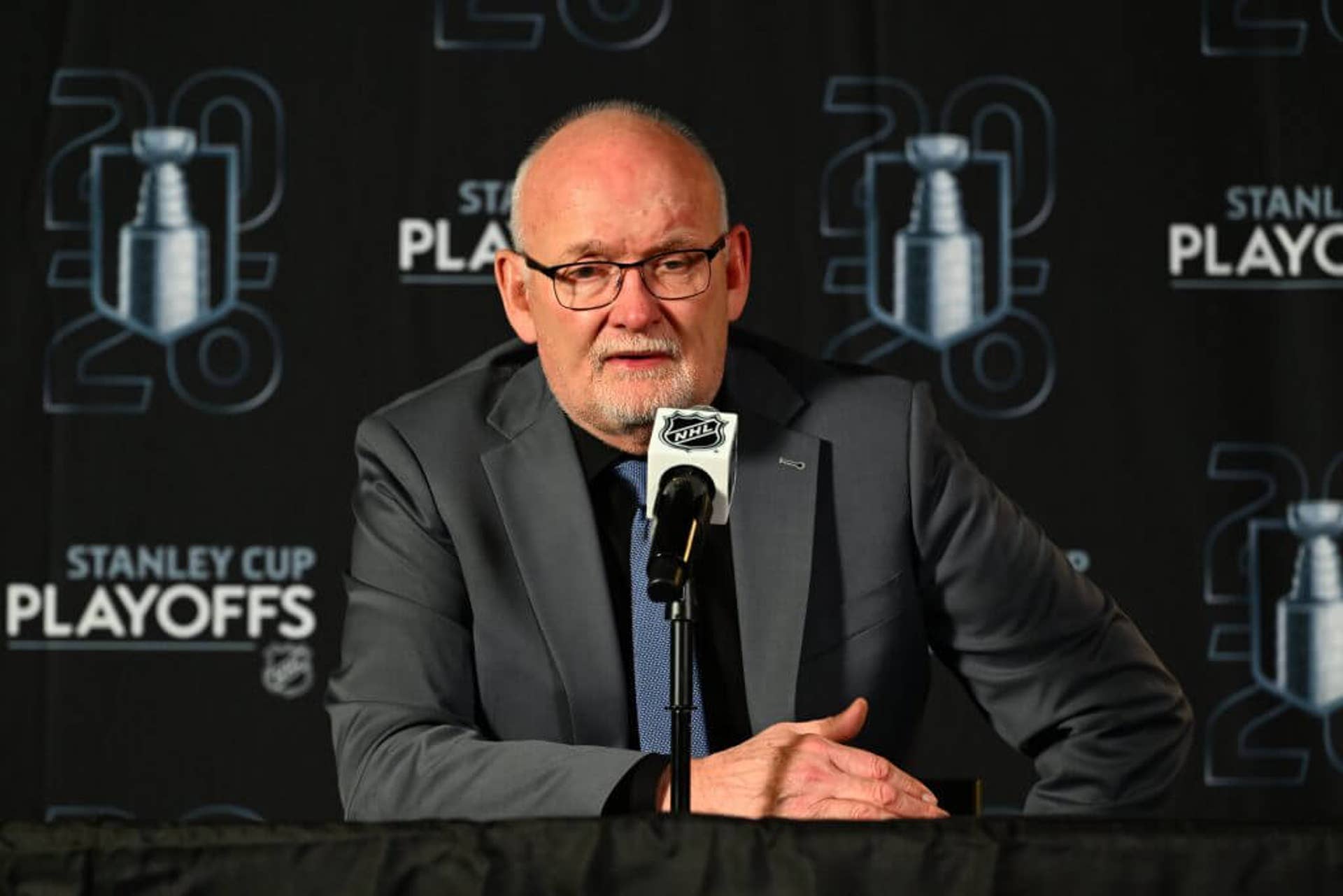Buffalo Sabres coach Lindy Ruff speaks with the media after Game 1 against the Boston Bruins on April 19, 2026.