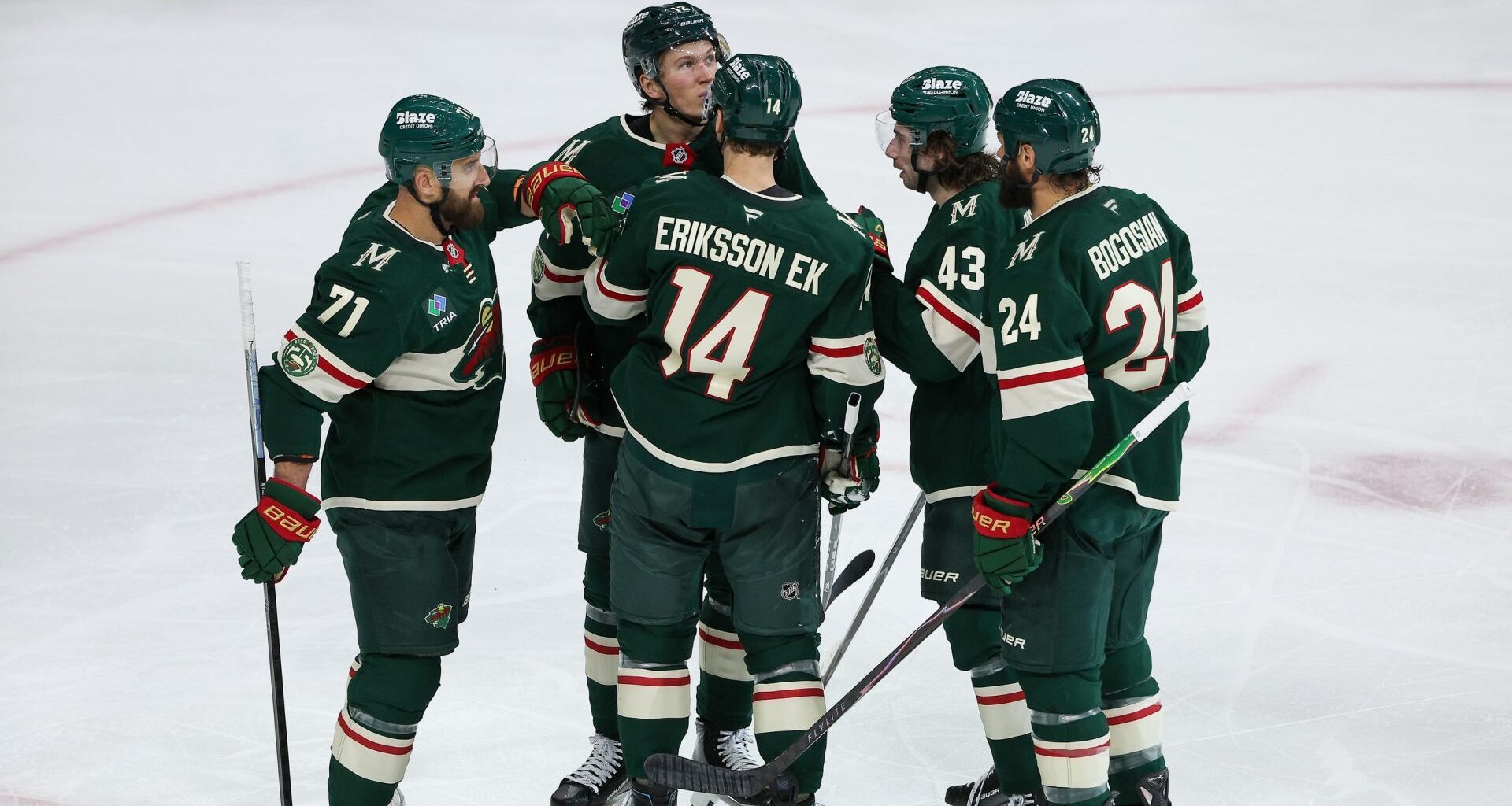 Apr 22, 2026; Saint Paul, Minnesota, USA; Minnesota Wild center Joel Eriksson Ek (14) celebrates his goal with teammates during the second period in game three of the first round of the 2026 Stanley Cup Playoffs against the Dallas Stars at Grand Casino Arena.