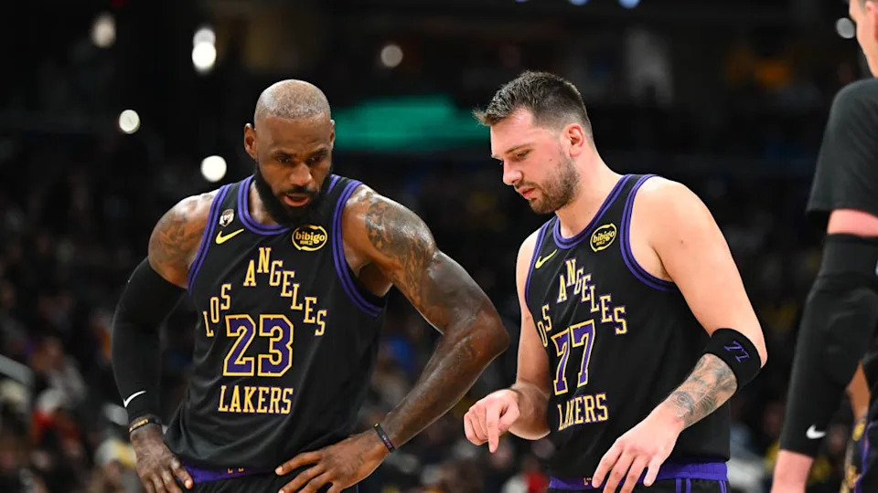 Jan 30, 2026; Washington, District of Columbia, USA; Los Angeles Lakers forward/guard Luka Doncic (77) talks with Los Angeles Lakers forward LeBron James (23) against the <a class="link " href="https://sports.yahoo.com/nba/teams/washington/" data-i13n="sec:content-canvas;subsec:anchor_text;elm:context_link" data-ylk="slk:Washington Wizards;sec:content-canvas;subsec:anchor_text;elm:context_link;itc:0" data-yga="{"yLinkElement":"context_link","yModuleName":"content-canvas","yLinkText":"Washington Wizards","ySubModuleName":"anchor_text","yHasCommerce":false}">Washington Wizards</a> during the second half at Capital One Arena. Mandatory Credit: Brad Mills-Imagn Images© Brad Mills-Imagn Images&period;
