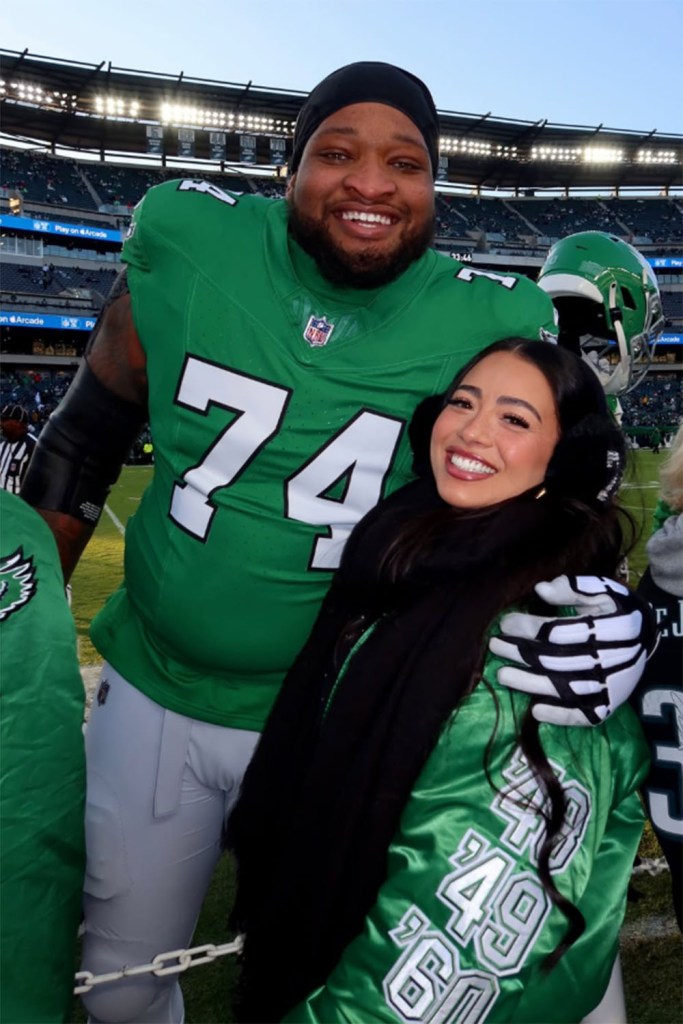 Philadelphia Eagles offensive tackle Fred Johnson and his girlfriend, Alyssa Okada during the 2025-26 season. 