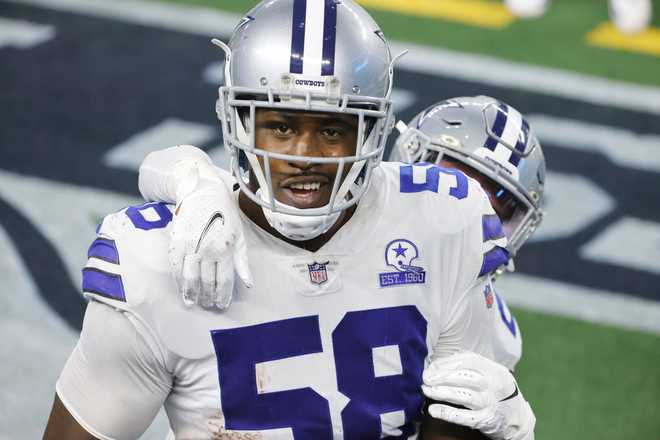 Aldon Smith FILE - Dallas Cowboys defensive end Aldon Smith (58) celebrates a play against the Pittsburgh Steelers in an NFL football game in Arlington, Texas, Sunday, Nov. 8, 2020.