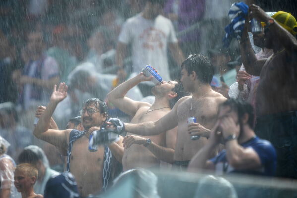 Fans react after a weather delay during the World Cup Group I soccer match between France and Iraq in Philadelphia, Monday, June 22, 2026. (AP Photo/Matt Rourke)