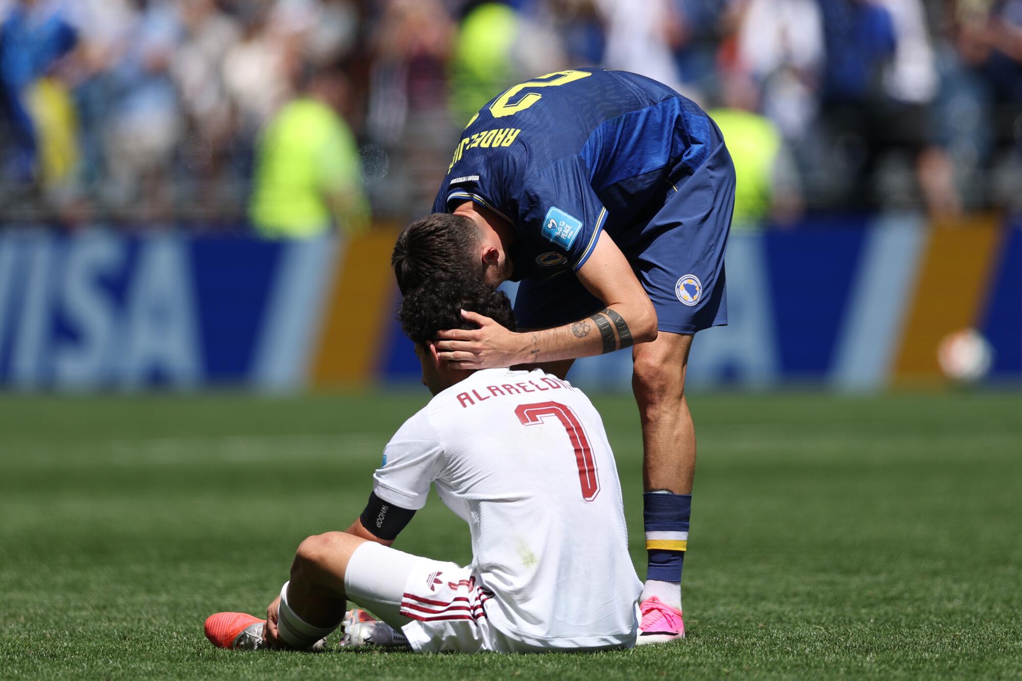 Bosnia's Stjepan Radeljic consoles Qatar's Ahmed Alaaeldin after Bosnia beat Qatar during a World Cup match.