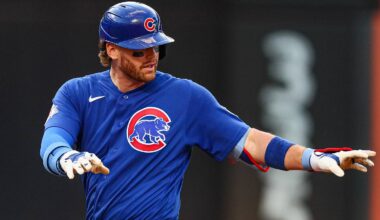 Jun 24, 2026; New York City, New York, USA;  Chicago Cubs catcher Carson Kelly (15) reacts after racing first base on an error during the fourth inning against the New York Mets at Citi Field. Mandatory Credit: Vincent Carchietta-Imagn Images