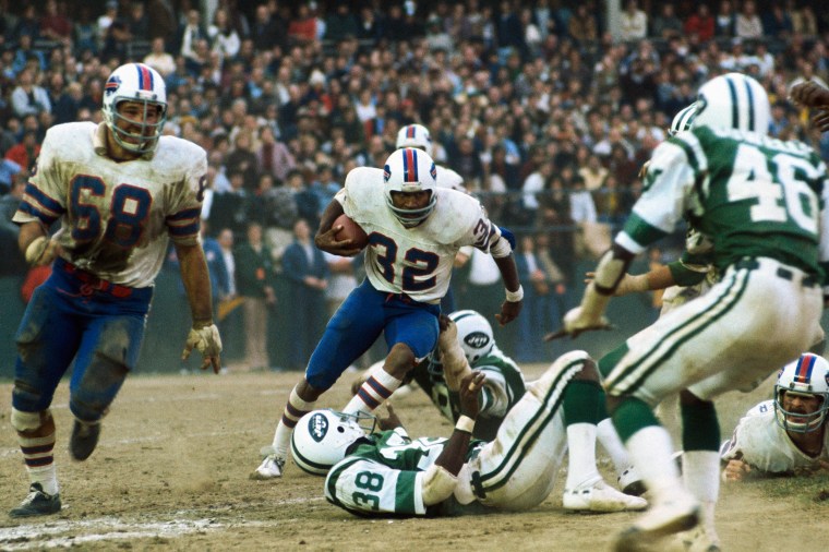 O.J. Simpson of the Buffalo Bills runs during a game against the New York Jets in New York.