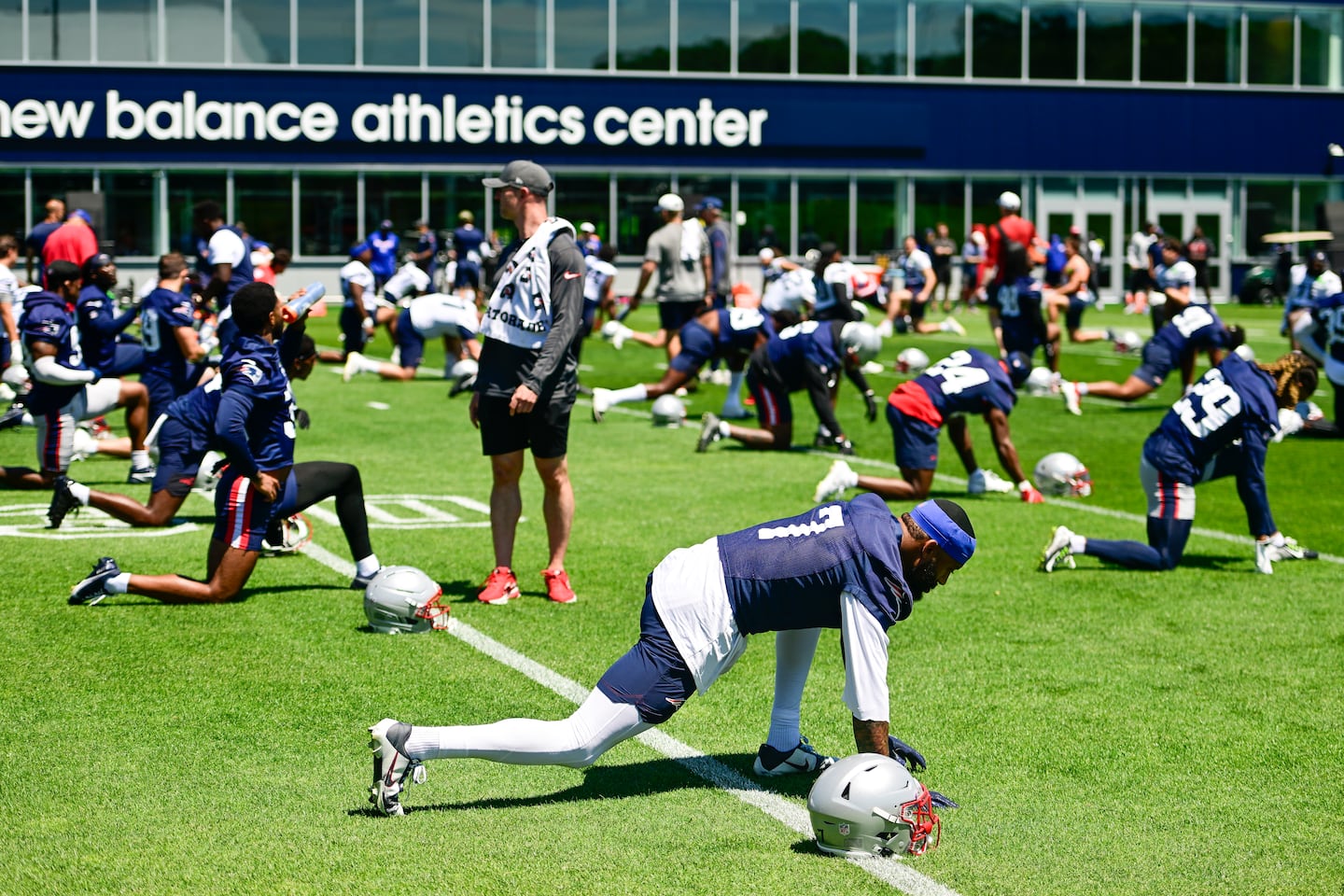The Patriots practice on hybrid grass fields outside of Gillette Stadium.