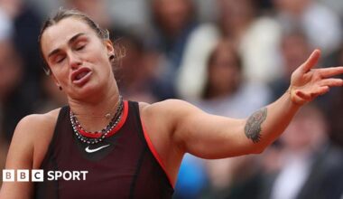 Aryna Sabalenka reacts during her French Open loss to Diana Shnaider