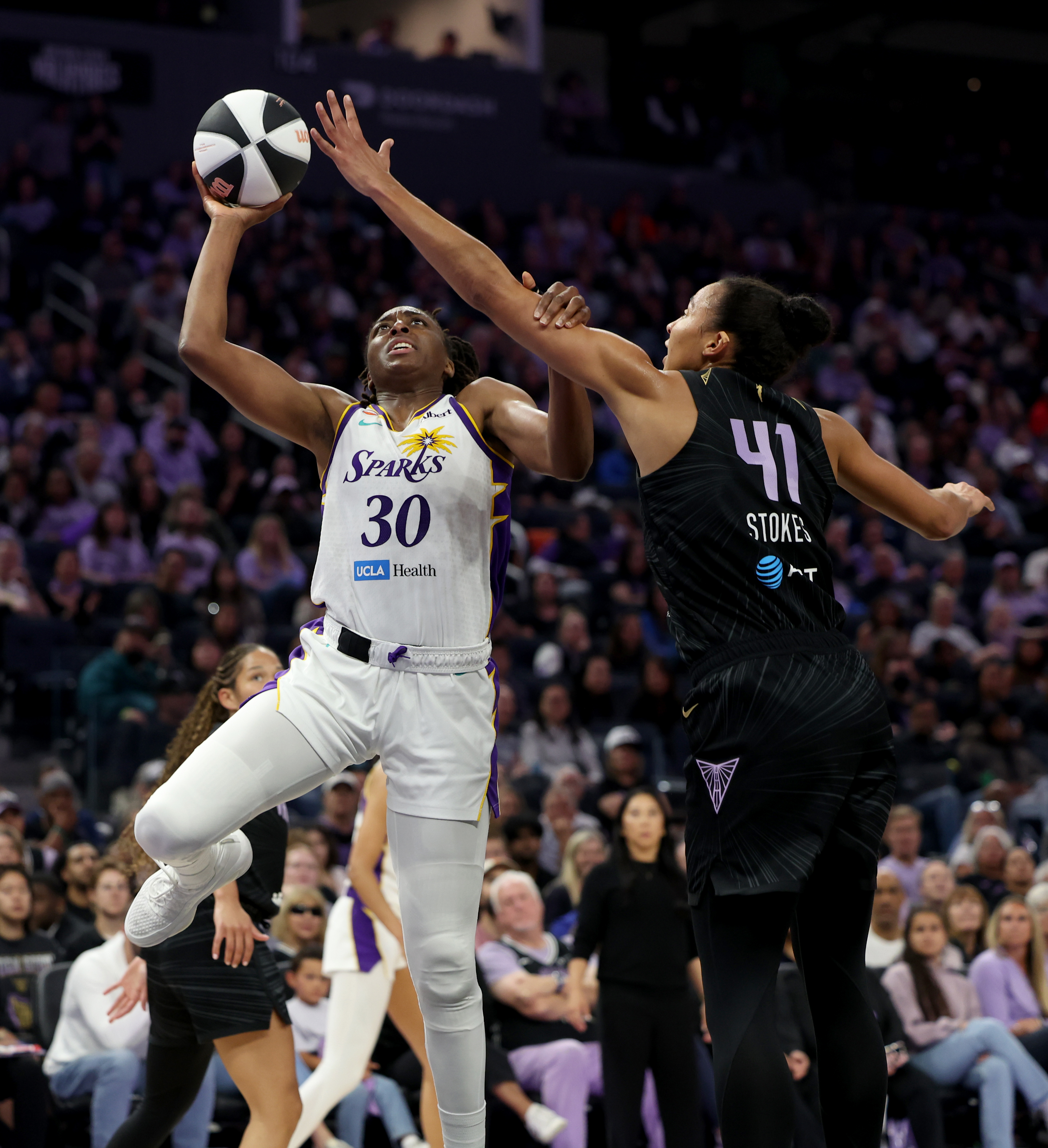 Los Angeles Sparks' Nneka Ogwumike #30 shoots a one-handed shot...