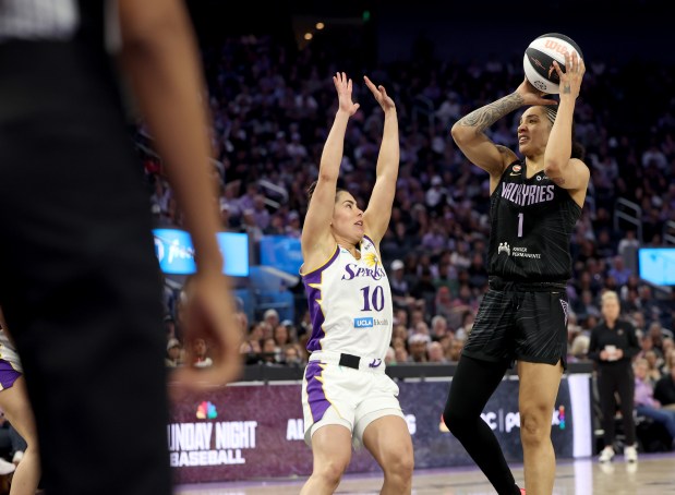 Golden State Valkyries' Gabby Williams #1 looks to shoot past Los Angeles Sparks' Kelsey Plum #10 in the fourth quarter of their WNBA game at the Chase Center in San Francisco, Calif., on Monday, June 15, 2026. (Jane Tyska/Bay Area News Group)