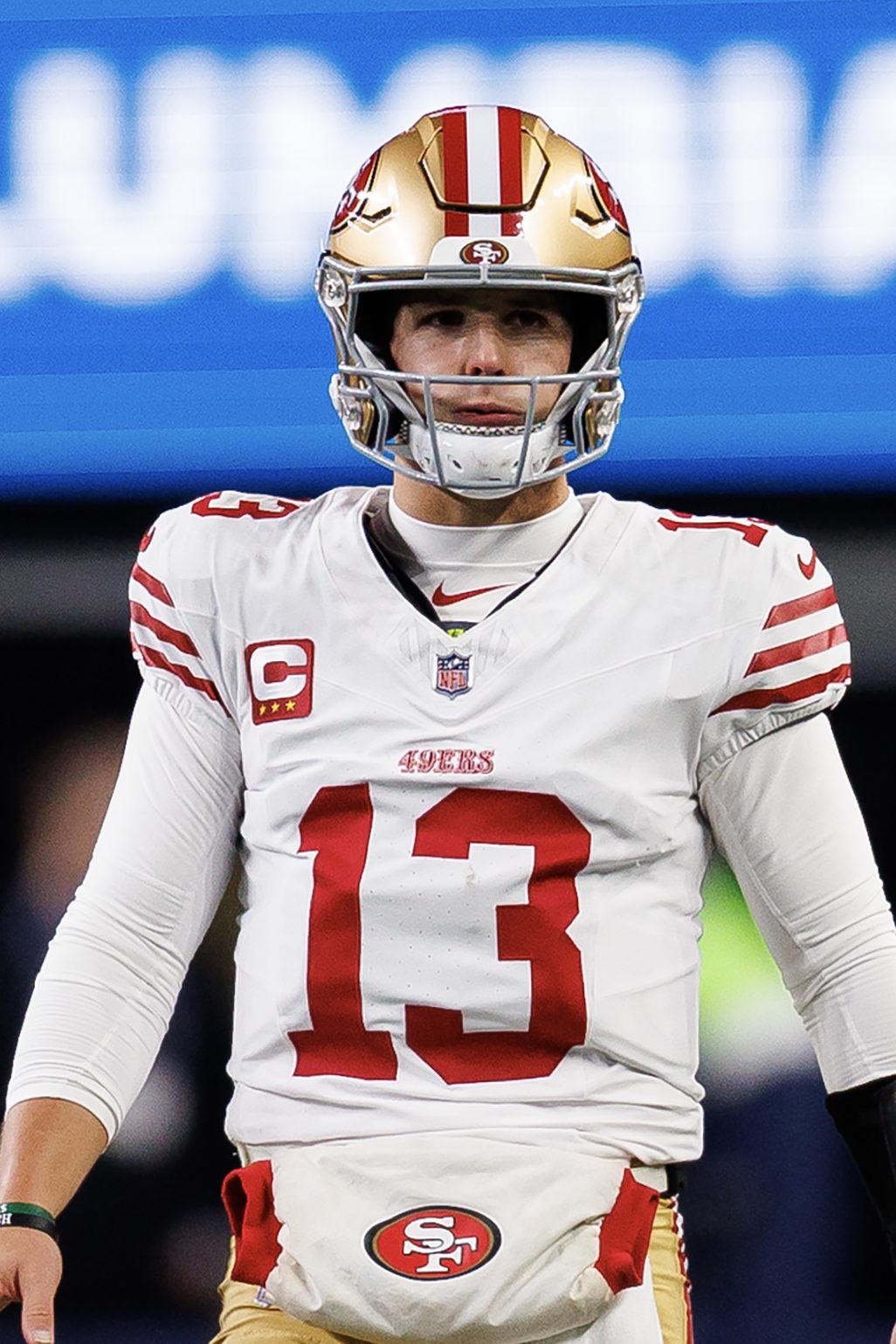 Brock Purdy, quarterback for the San Francisco 49ers, in full uniform.