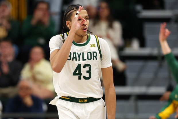 Cameron Carr #43 of the Baylor Bears reacts after scoring during the second half against the Arizona Wildcats at Foster Pavilion on Feb. 24, 2026 in Waco, Texas. (Photo by Sam Hodde/Getty Images)