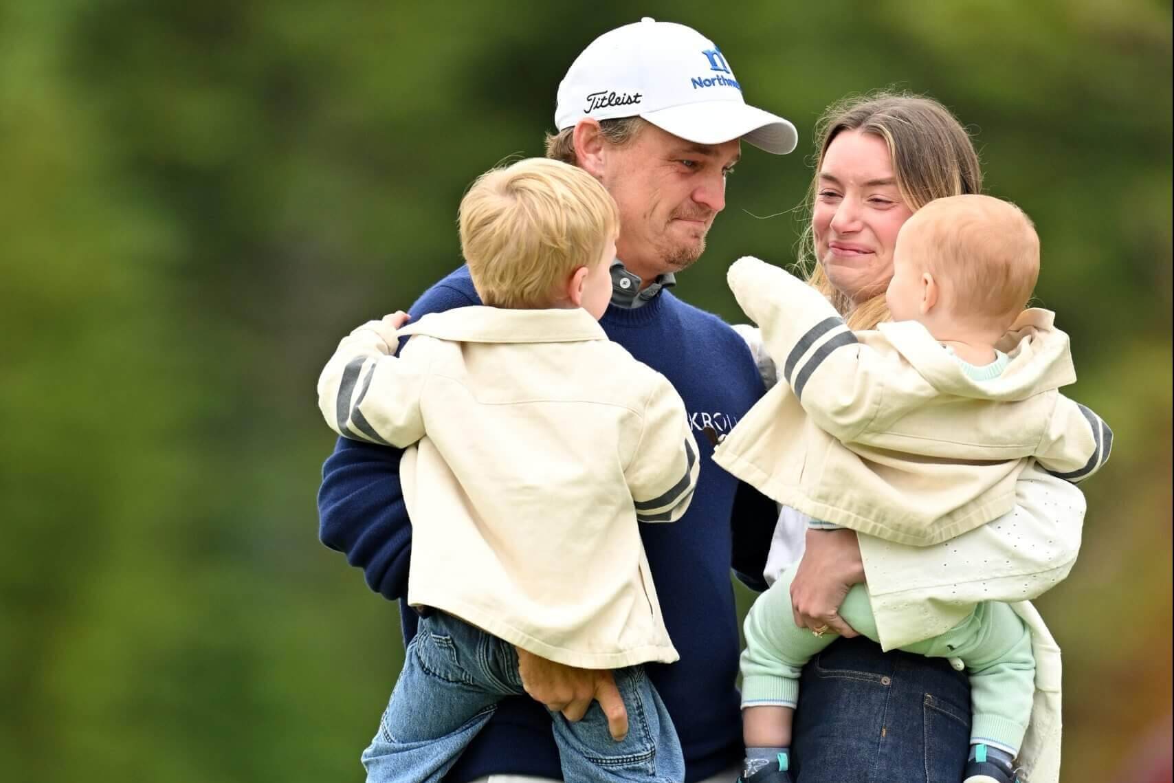 PGA golfer Bud Cauley with his wife and two young sons after Cauley's first Tour win at the 2026 RBC Canadian Open.