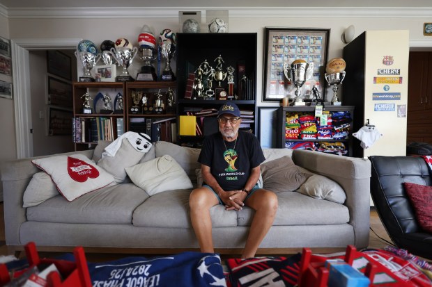 Cherif Zein, a longtime youth and high school soccer coach, and former UCLA player, has attended 11 consecutive World Cups, shown here inside his home in Arcadia on Wednesday, June 17, 2026. (Photo by Trevor Stamp, Contributing Photographer)