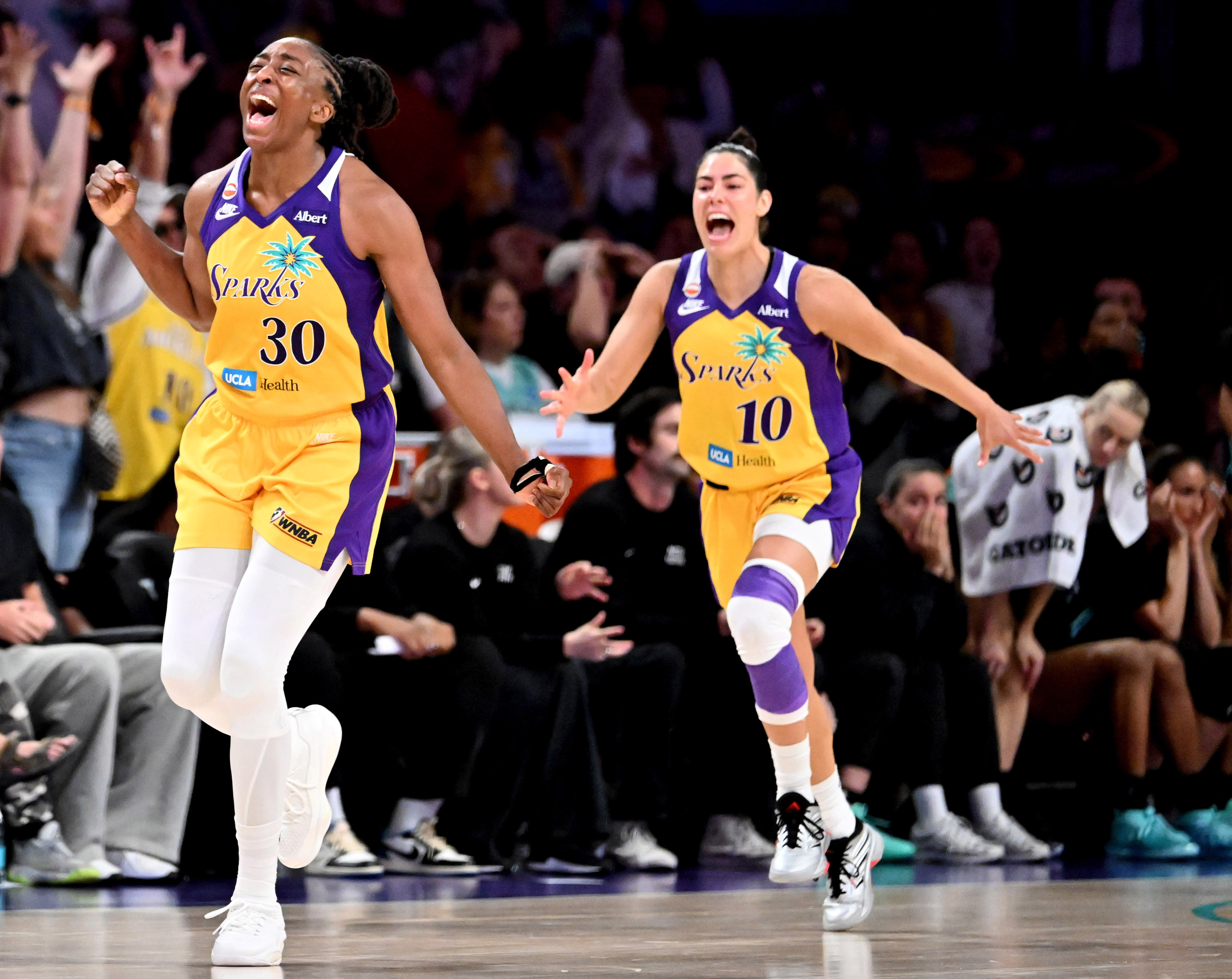 Sparks Nneka Ogwumike (30) reacts after taking the game winning...