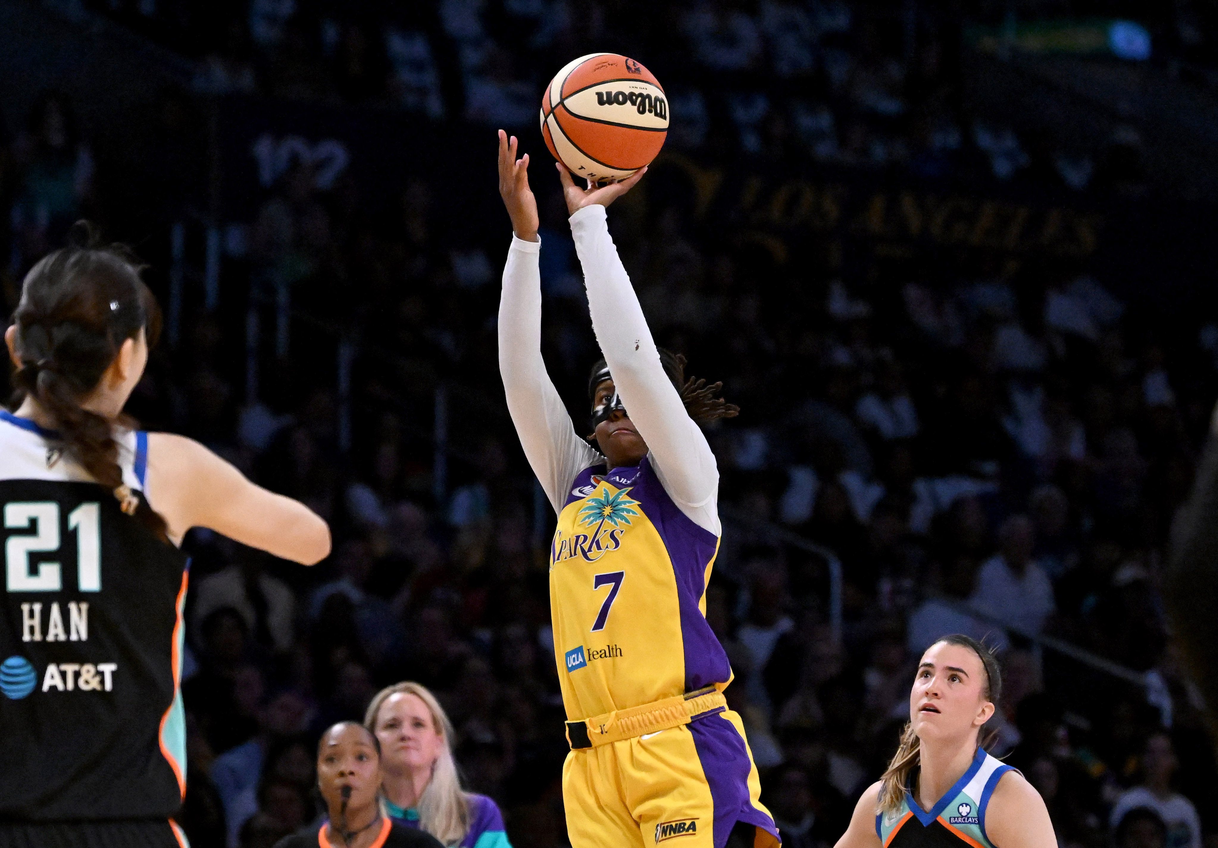 Sparks guard Ariel Atkins (7) takes a shot in the...