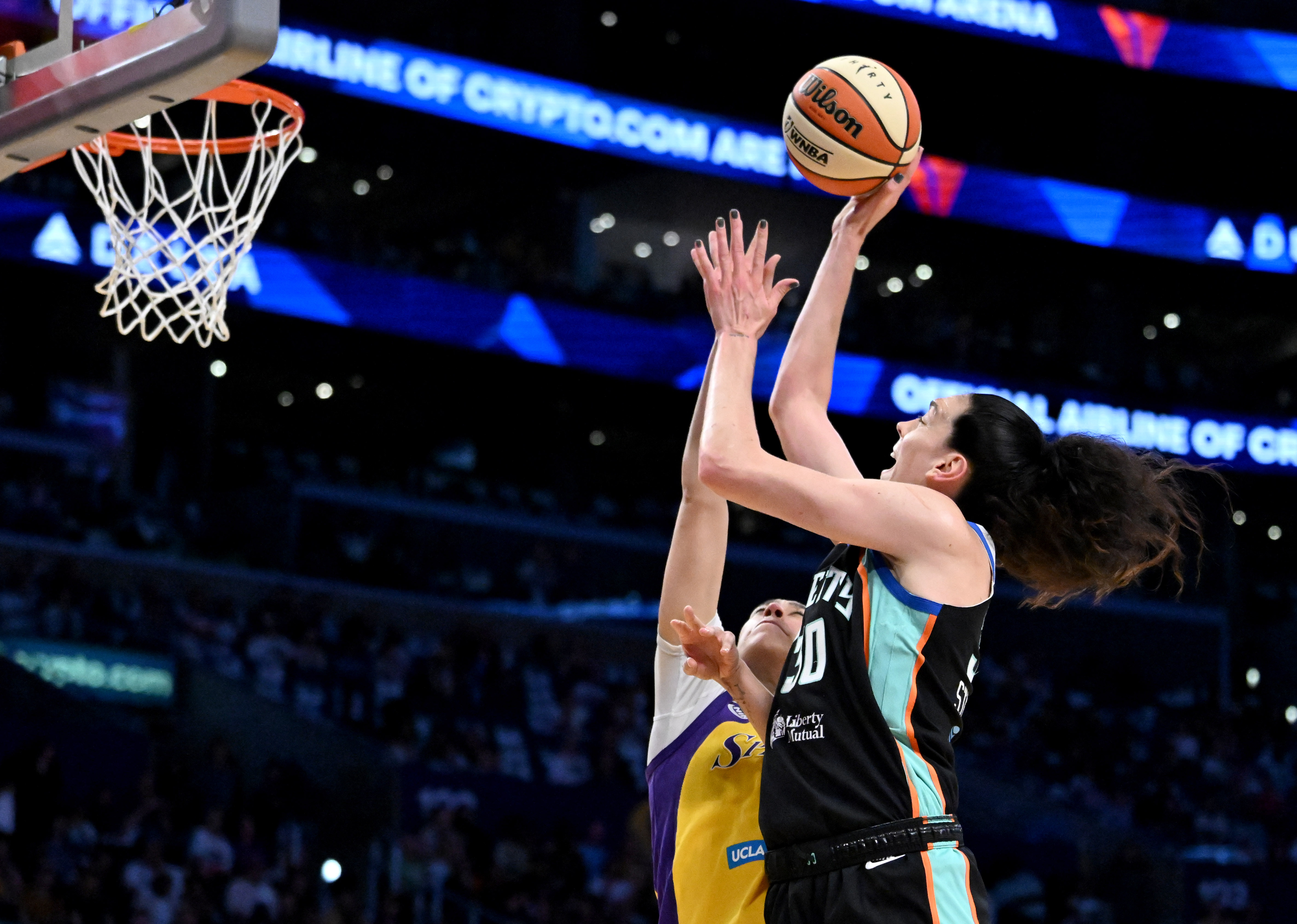 New York Liberty forward Breanna Stewart (30) takes a shot...