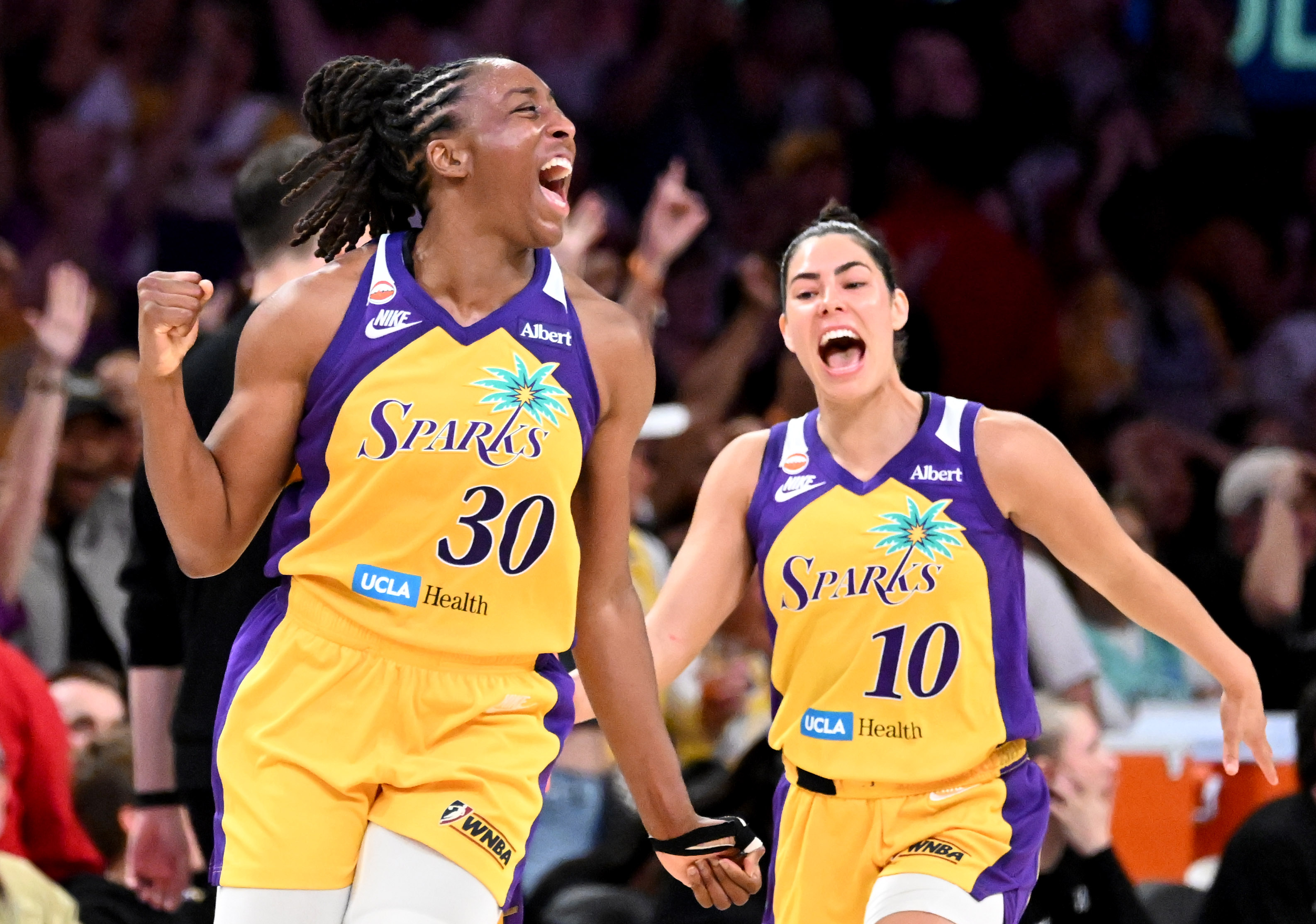 Sparks Nneka Ogwumike (30) reacts after taking a three point...