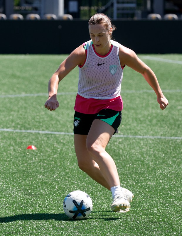 Boston Legacy's Lilly Reale takes part in a drill during practice Saturday in Pawtucket, R.I. (Photo by Paul Connors/Media News Group/Boston Herald)