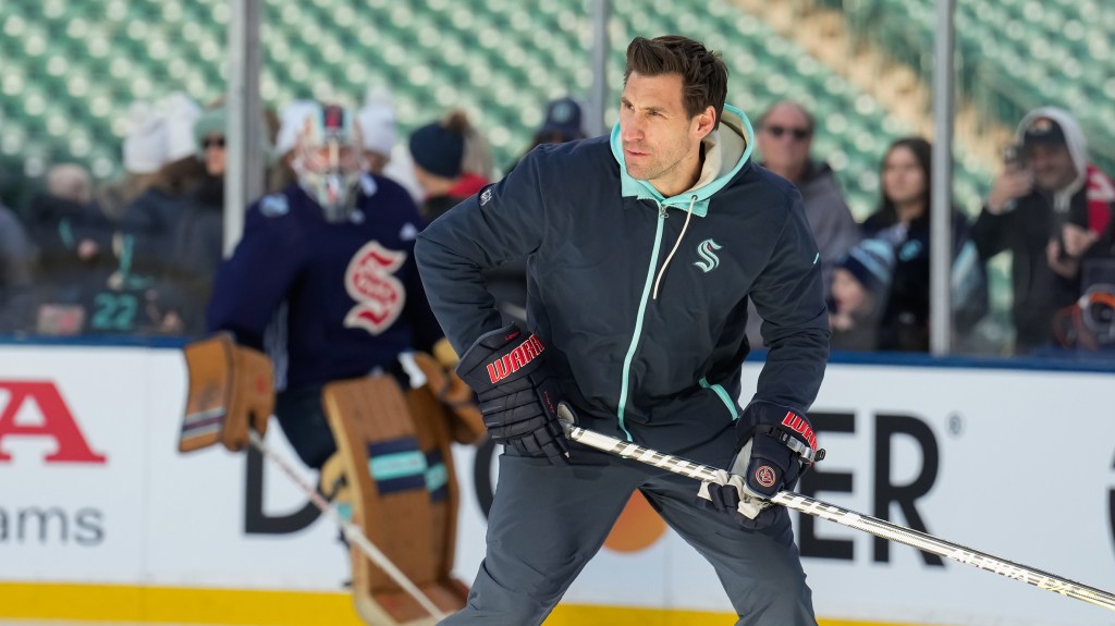 Jay Leach skates in a practice for the Kraken in December 2023.