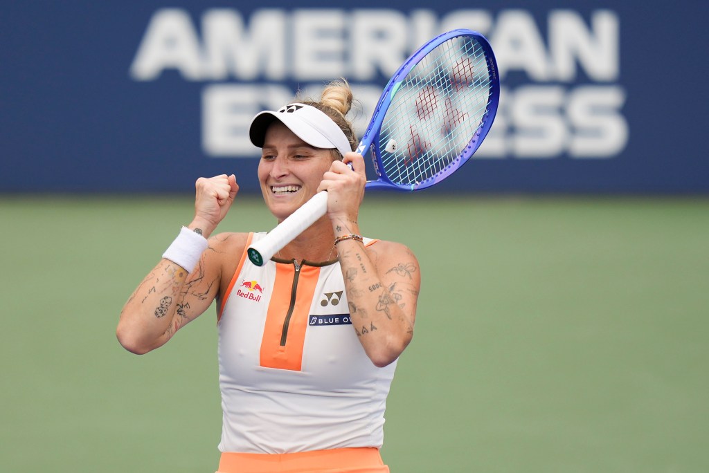 Marketa Vondrousova, of the Czech Republic, reacts after defeating Jasmine Paolini, of Italy, during the third round of the U.S. Open tennis championships, Friday, August 29, 2025, in New York. 
