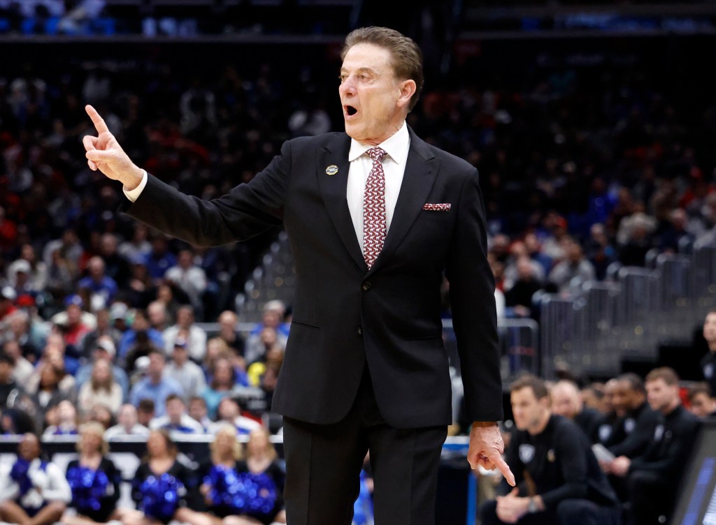 Basketball coach Rick Pitino reacting during the NCAA Sweet Sixteen game.