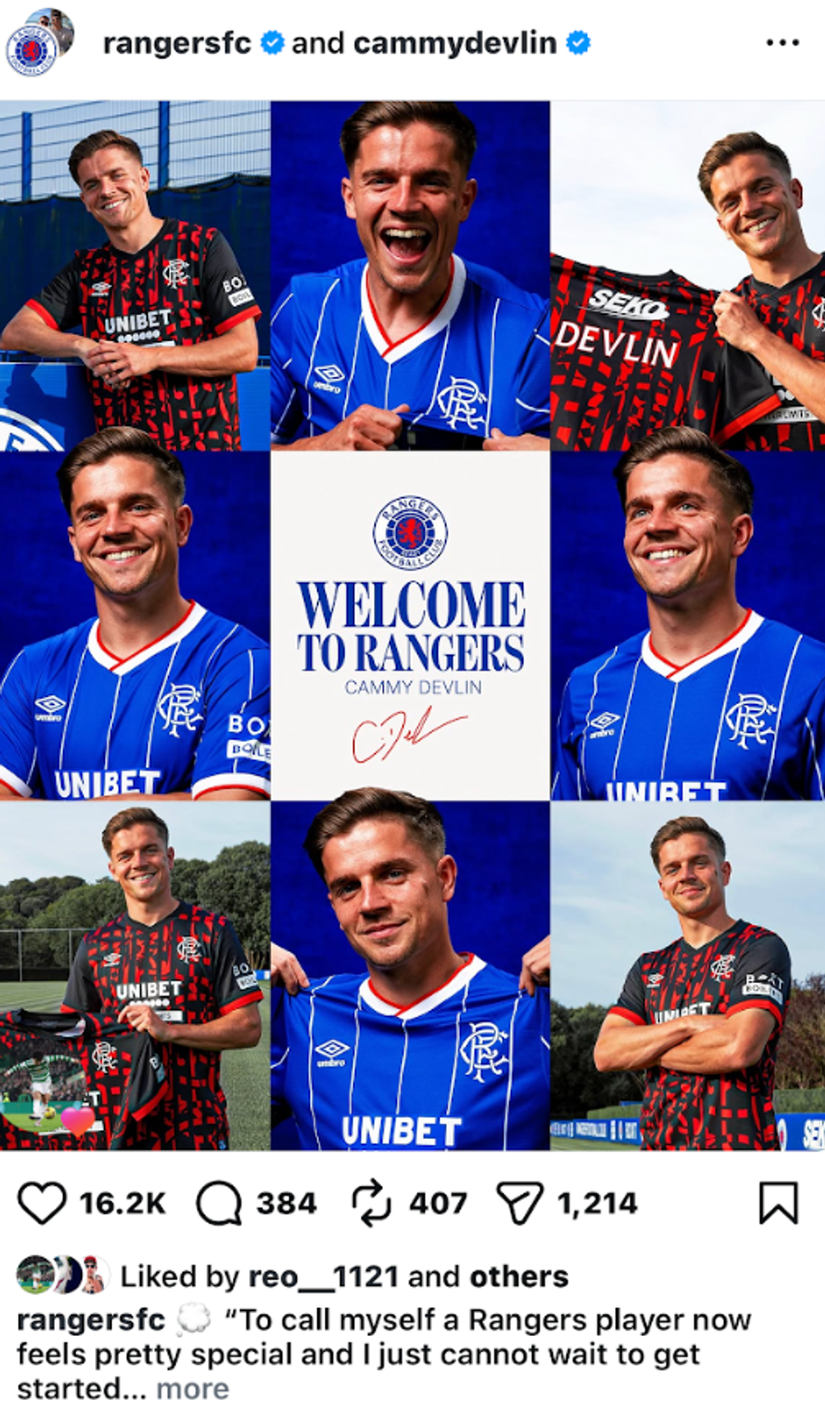 Reo Hatate likes Cammy Devlin signing for Rangers on Instagram