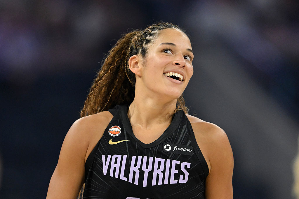 SAN FRANCISCO, CALIFORNIA - JUNE 28: Veronica Burton #22 of the Golden State Valkyries smiles against the New York Liberty in the first quarter at Chase Center on June 28, 2026 in San Francisco, California.