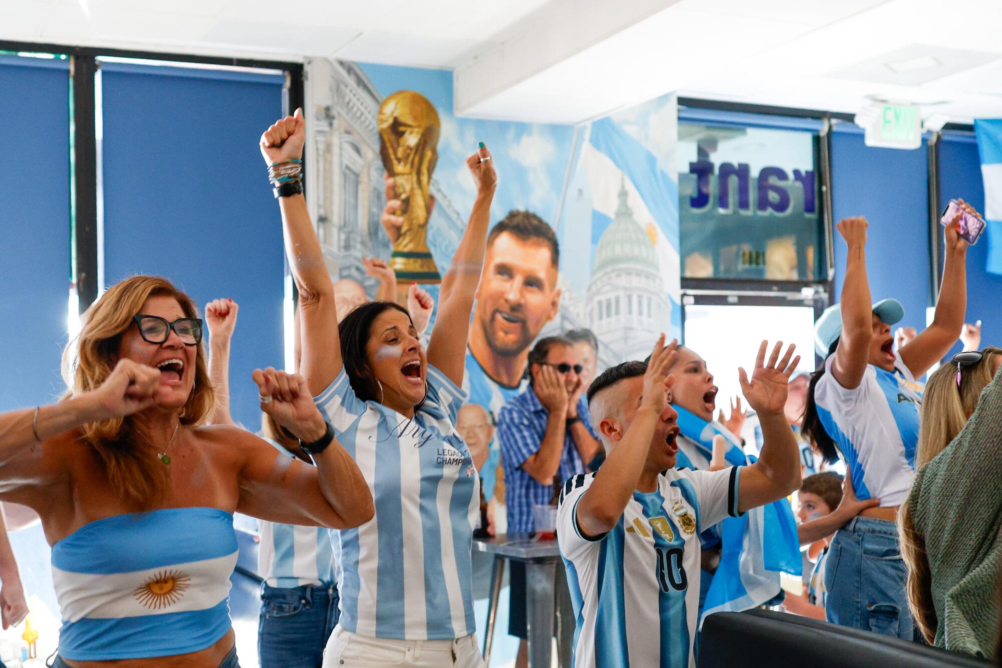 Fans cheer after Lionel Messi scores a goal against Algeria in a group-stage match 