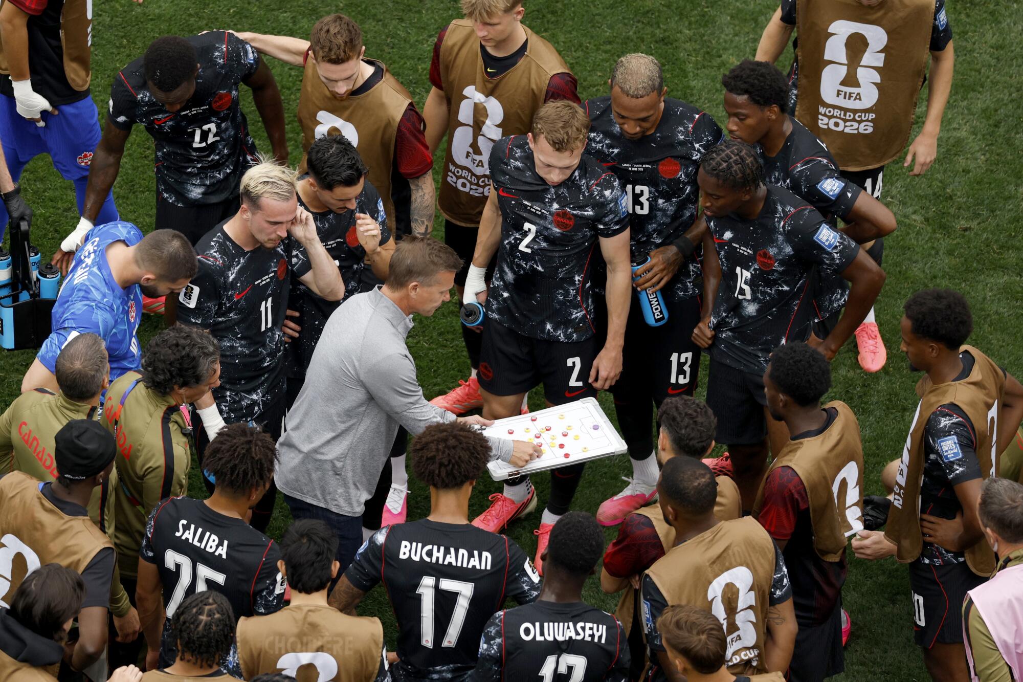 The Canadian national soccer team during a hydration break.