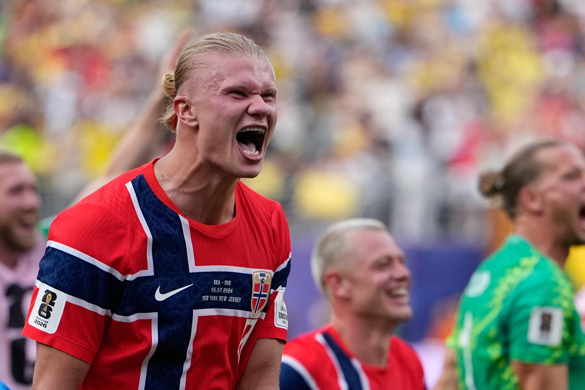 Norway's Erling Haaland celebrates after a win over Brazil at the World Cup on July 5. 
