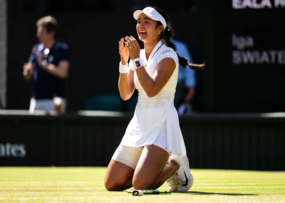 Alexandra Eala reacts after defeating Iga Swiatek.
