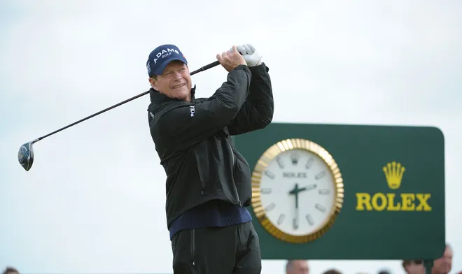 Rolex Testimonee Tom Watson, a five-time Champion Golfer of the Year, in action at The Open.