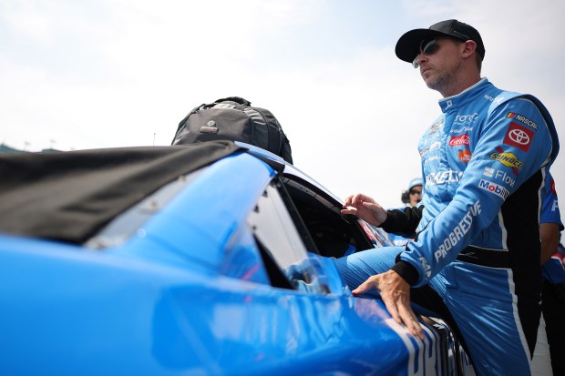 Denny Hamlin enters his car during qualifying for the NASCAR eero 400 at Chicagoland Speedway on Saturday, July 4, 2026, in Joliet. (Jonathan Bachman/Getty)