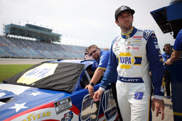 Chase Elliott, driver of the No. 9 NAPA Auto Parts Chevrolet, looks on during qualifying for the NASCAR Cup Series eero 400 at Chicagoland Speedway on July 4, 2026, in Joliet. (Jonathan Bachman/Getty)