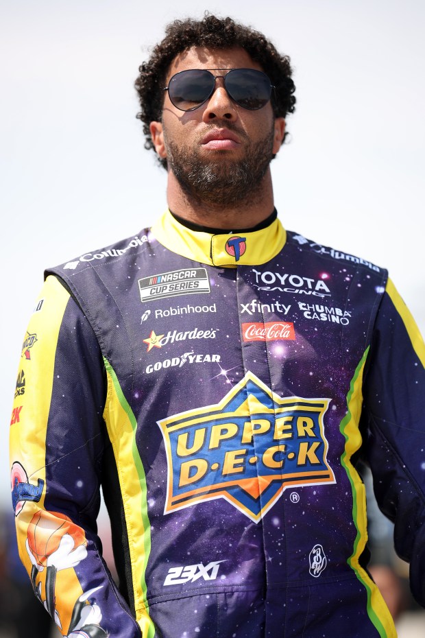 Bubba Wallace, driver of the No. 23 Upper Deck Space Jam 30th Anniversary Toyota, looks on during qualifying for the NASCAR Cup Series eero 400 at Chicagoland Speedway on July 4, 2026, in Joliet. (James Gilbert/Getty)