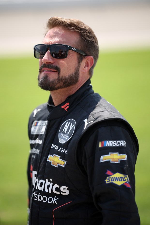 JJ Yeley, driver of the No. 44 Fanatics Casino Chevrolet, looks on during qualifying for the NASCAR Cup Series eero 400 at Chicagoland Speedway on July 4, 2026, in Joliet. (James Gilbert/Getty)