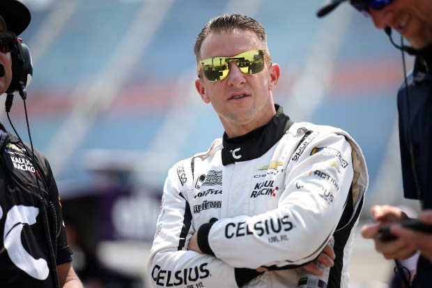 AJ Allmendinger, driver of the No. 16 Celsius Chevrolet, looks on during qualifying for the NASCAR Cup Series eero 400 at Chicagoland Speedway on July 4, 2026, in Joliet. (James Gilbert/Getty)