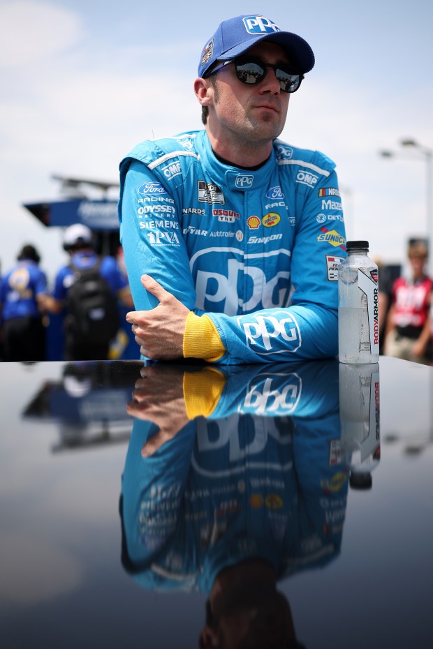 Austin Cindric, driver of the No. 2 PPG Ford, looks on during qualifying for the NASCAR Cup Series eero 400 at Chicagoland Speedway on July 4, 2026, in Joliet. (James Gilbert/Getty)