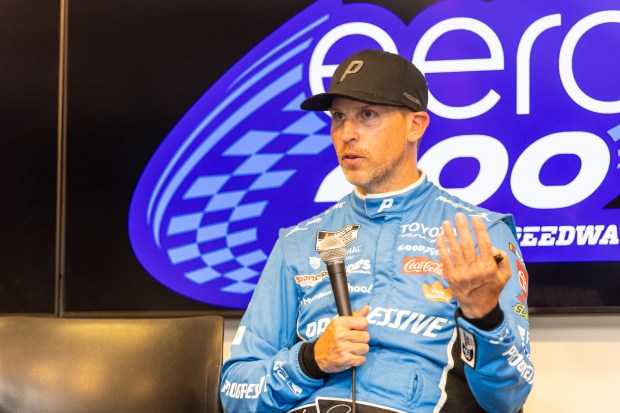 Denny Hamlin talks to the media after winning the pole for the NASCAR eero 400 at Chicagoland Speedway on Saturday, July 4, 2026, in Joliet. (Vincent D. Johnson/For the Daily Southtown)