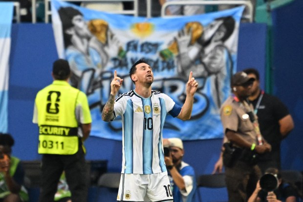 Argentina's Lionel Messi celebrates after scoring his team's first goal during a World Cup Round of 32 match against Cape Verde on July 3, 2026, in Miami Gardens, Fla. (Roberto Schmidt/ AFP via Getty)
